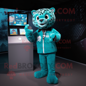 Teal Jaguar mascot costume character dressed with a Vest and Digital watches
