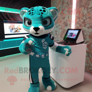 Teal Jaguar mascot costume character dressed with a Vest and Digital watches