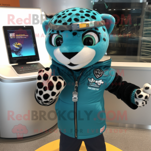 Teal Jaguar mascot costume character dressed with a Vest and Digital watches