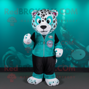 Teal Jaguar mascot costume character dressed with a Vest and Digital watches