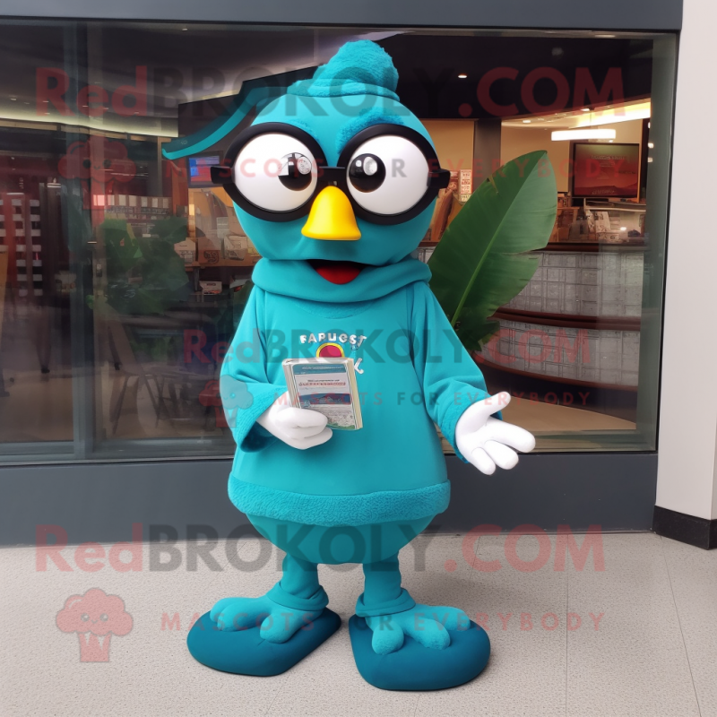 Teal Cherry mascot costume character dressed with a Sweatshirt and Reading glasses Teal Cherry mascot costume character dressed with a Sweatshirt and Reading glasses
