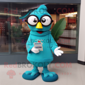 Teal Cherry mascot costume character dressed with a Sweatshirt and Reading glasses