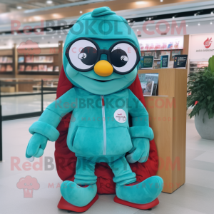 Teal Cherry mascot costume character dressed with a Sweatshirt and Reading glasses