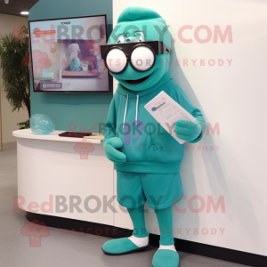 Teal Cherry mascot costume character dressed with a Sweatshirt and Reading glasses