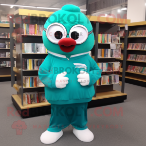 Teal Cherry mascot costume character dressed with a Sweatshirt and Reading glasses