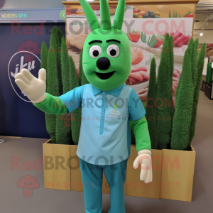 Teal Asparagus mascot costume character dressed with a Polo Shirt and Cummerbunds