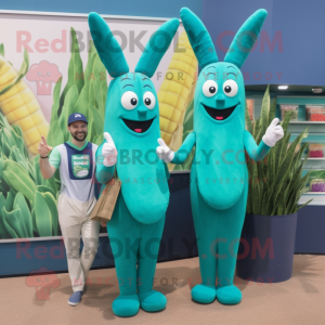 Teal Asparagus mascot costume character dressed with a Polo Shirt and Cummerbunds