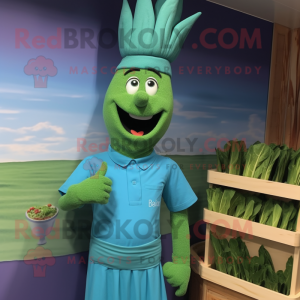 Teal Asparagus mascot costume character dressed with a Polo Shirt and Cummerbunds