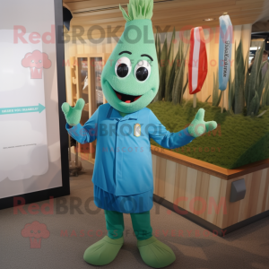 Teal Asparagus mascot costume character dressed with a Polo Shirt and Cummerbunds