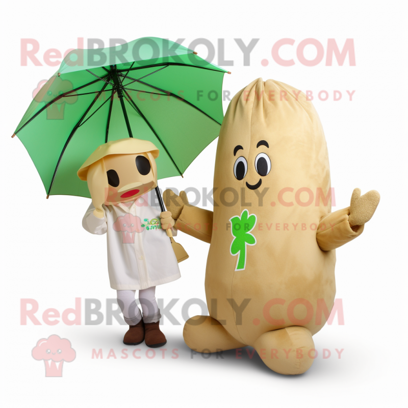 Tan Radish mascot costume character dressed with a Raincoat and Hairpins