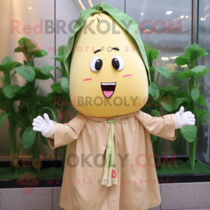 Tan Radish mascot costume character dressed with a Raincoat and Hairpins