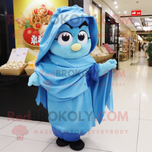 Blue Dim Sum mascot costume character dressed with a Blouse and Shawls