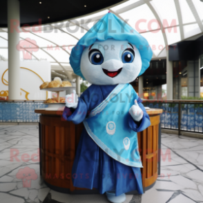 Blue Dim Sum mascot costume character dressed with a Blouse and Shawls