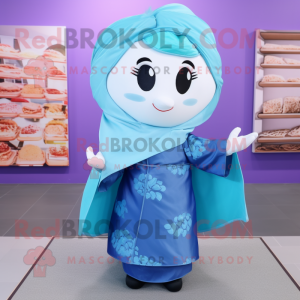 Blue Dim Sum mascot costume character dressed with a Blouse and Shawls
