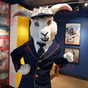 Navy Angora Goat mascot costume character dressed with a Blazer and Ties