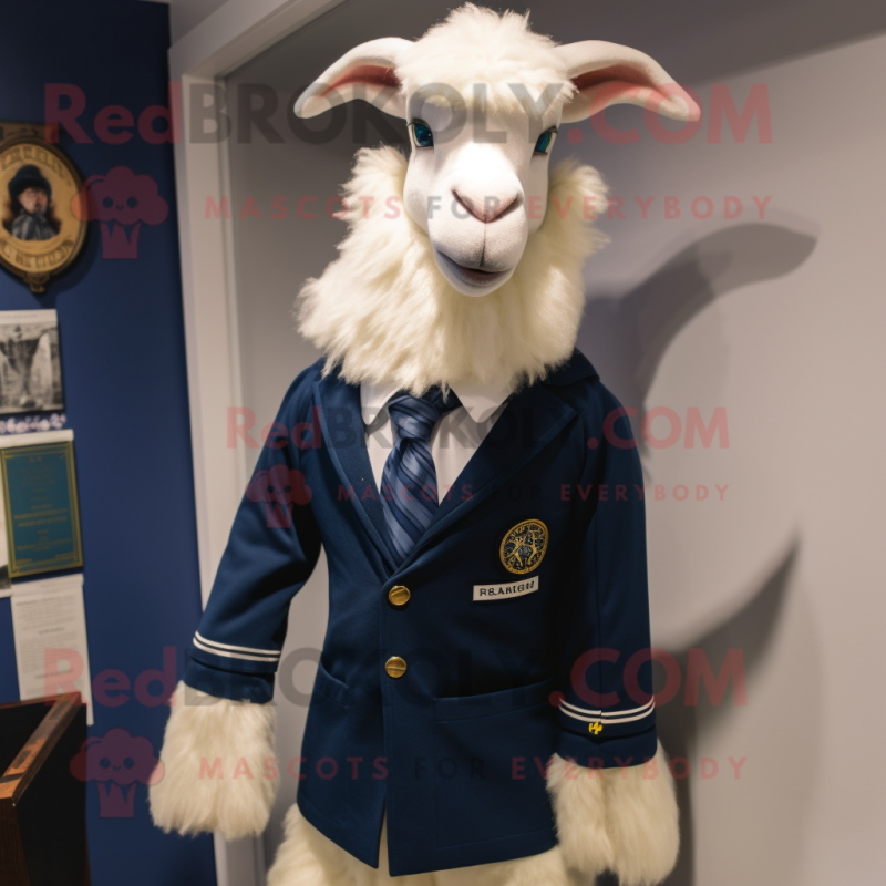 Navy Angora Goat mascot costume character dressed with a Blazer and Ties