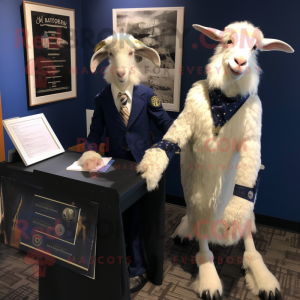Navy Angora Goat mascot costume character dressed with a Blazer and Ties