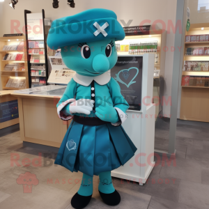 Teal Celtic Cross mascot costume character dressed with a Pencil Skirt and Caps
