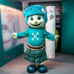Teal Celtic Cross mascot costume character dressed with a Pencil Skirt and Caps