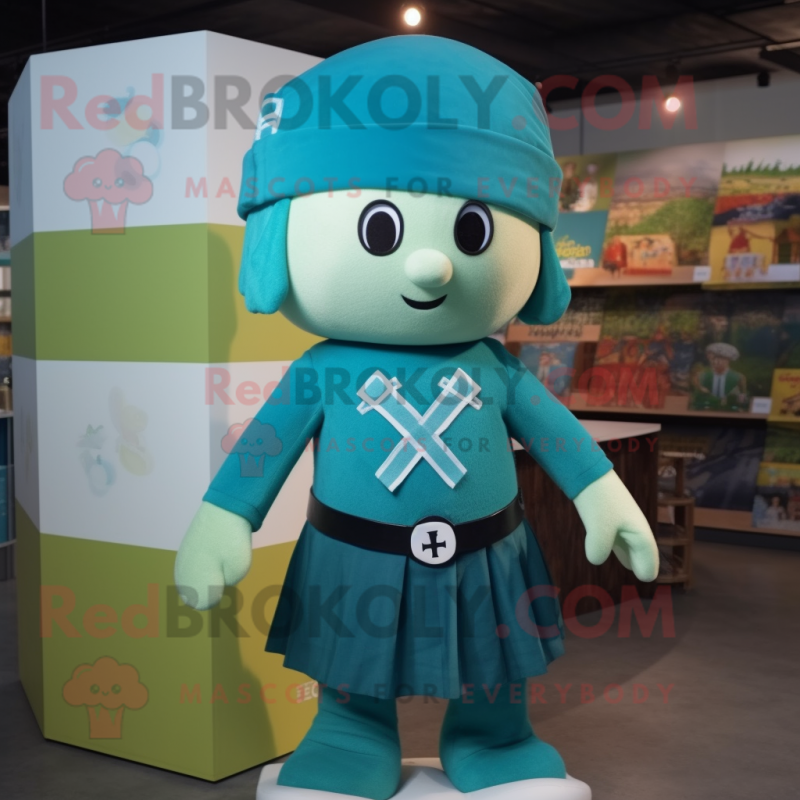 Teal Celtic Cross mascot costume character dressed with a Pencil Skirt and Caps Teal Celtic Cross mascot costume character dressed with a Pencil Skirt and Caps
