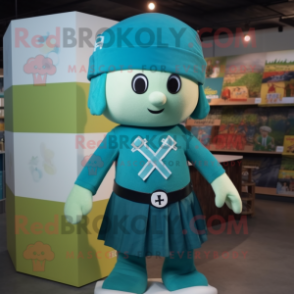 Teal Celtic Cross mascot costume character dressed with a Pencil Skirt and Caps