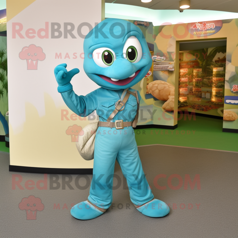 Turquoise Snake mascot costume character dressed with a Cargo Pants and Shoe clips