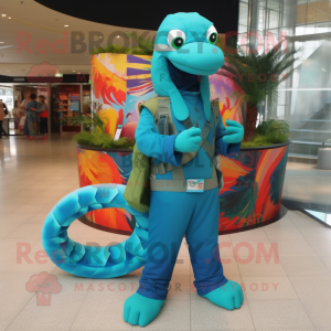 Turquoise Snake mascot costume character dressed with a Cargo Pants and Shoe clips