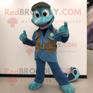 Turquoise Snake mascot costume character dressed with a Cargo Pants and Shoe clips