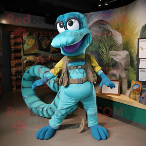 Turquoise Snake mascot costume character dressed with a Cargo Pants and Shoe clips