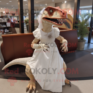 Rust Utahraptor mascot costume character dressed with a Wedding Dress and Clutch bags