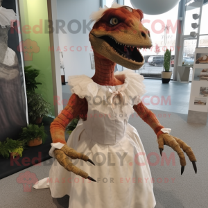 Rust Utahraptor mascot costume character dressed with a Wedding Dress and Clutch bags