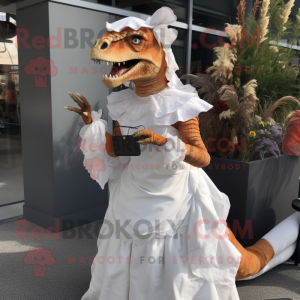 Rust Utahraptor mascot costume character dressed with a Wedding Dress and Clutch bags