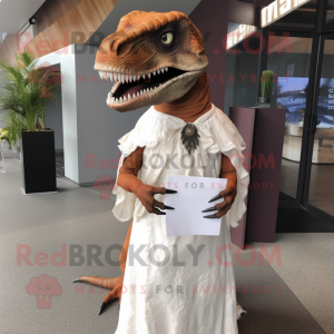 Rust Utahraptor mascot costume character dressed with a Wedding Dress and Clutch bags