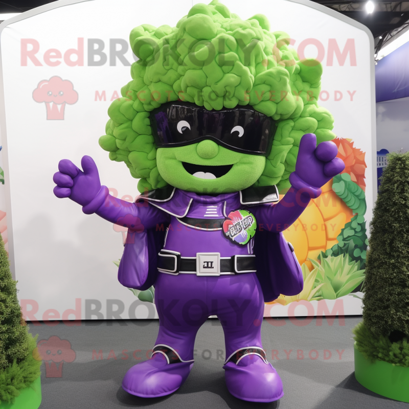 Purple Broccoli mascot costume character dressed with a Moto Jacket and Hairpins