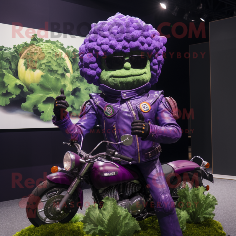 Purple Broccoli mascot costume character dressed with a Moto Jacket and Hairpins