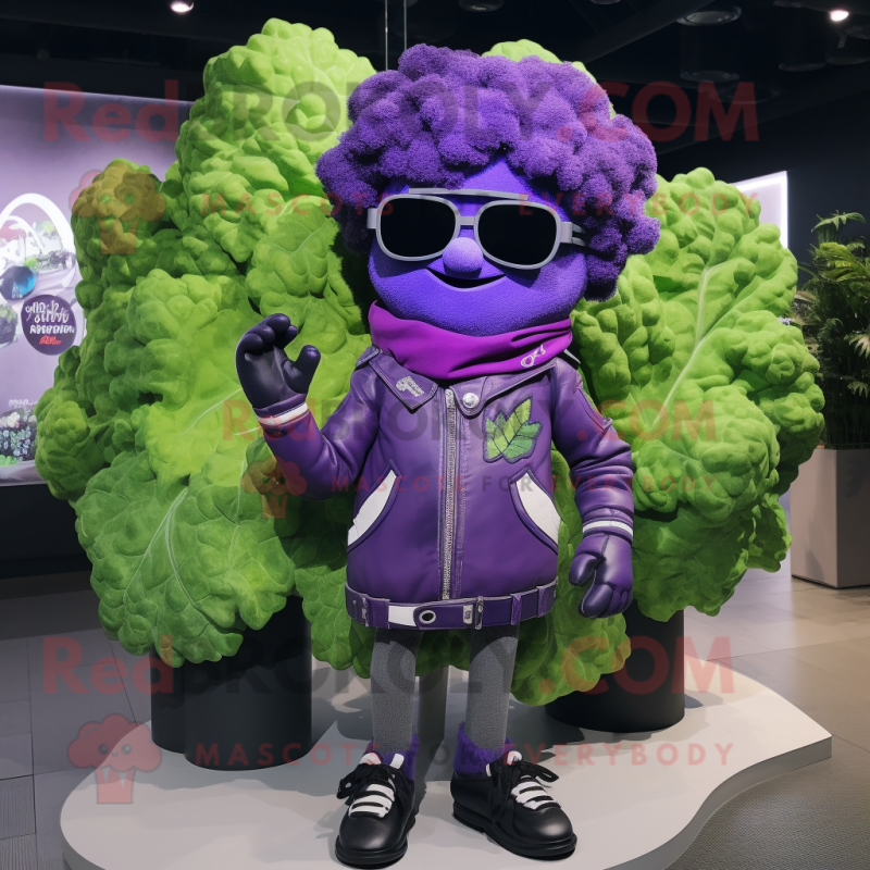 Purple Broccoli mascot costume character dressed with a Moto Jacket and Hairpins