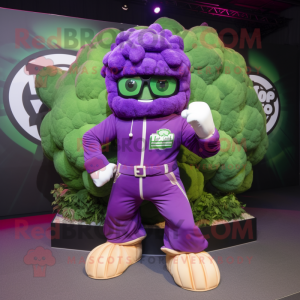 Purple Broccoli mascot costume character dressed with a Moto Jacket and Hairpins