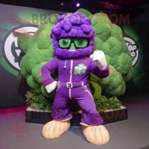 Purple Broccoli mascot costume character dressed with a Moto Jacket and Hairpins