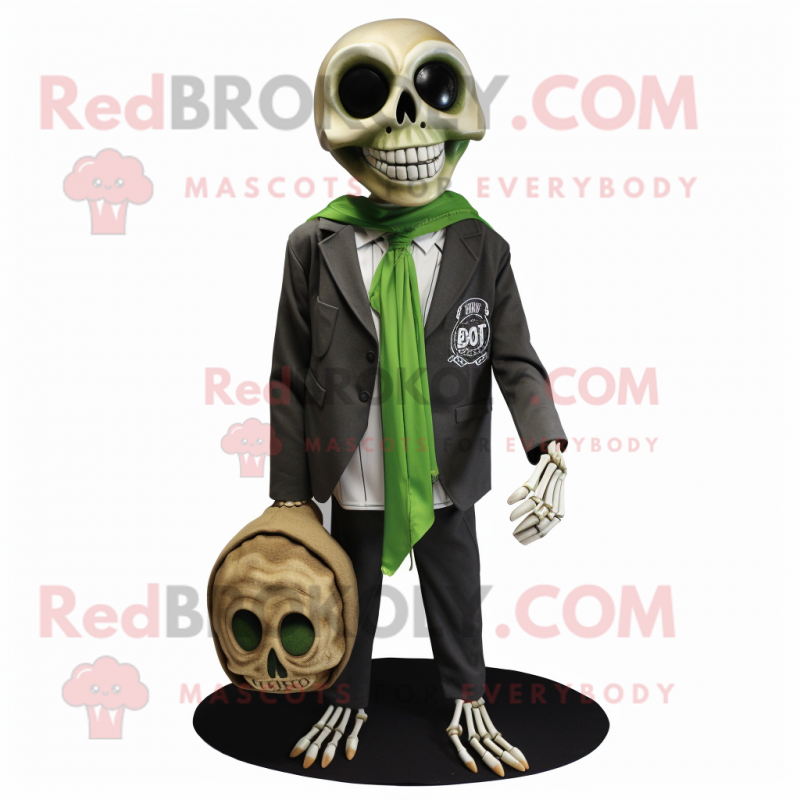 Olive Skull mascot costume character dressed with a Cover-up and Tie pins Olive Skull mascot costume character dressed with a Cover-up and Tie pins