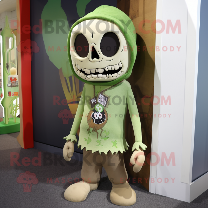 Olive Skull mascot costume character dressed with a Cover-up and Tie pins