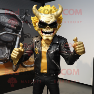 Gold Demon mascot costume character dressed with a Biker Jacket and Hair clips