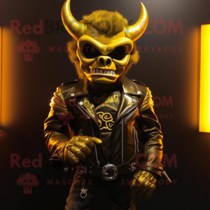 Gold Demon mascot costume character dressed with a Biker Jacket and Hair clips