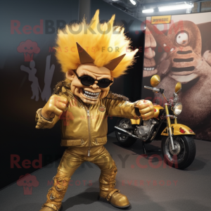 Gold Demon mascot costume character dressed with a Biker Jacket and Hair clips