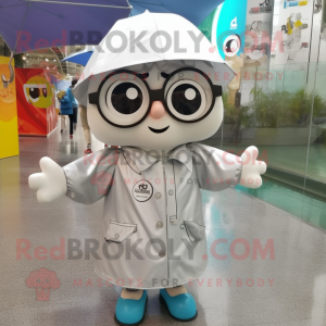 Silver Lasagna mascot costume character dressed with a Raincoat and Eyeglasses