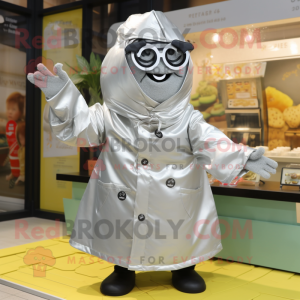 Silver Lasagna mascot costume character dressed with a Raincoat and Eyeglasses