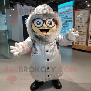 Silver Lasagna mascot costume character dressed with a Raincoat and Eyeglasses