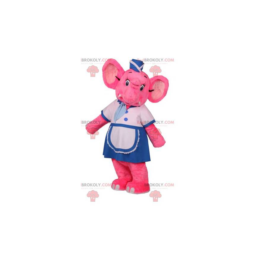 Mascotte d'éléphant rose en tenue de serveuse - Redbrokoly.com