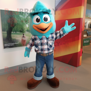 Teal Mango mascot costume character dressed with a Flannel Shirt and Suspenders