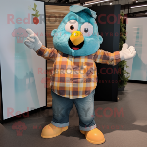 Teal Mango mascot costume character dressed with a Flannel Shirt and Suspenders