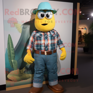 Teal Mango mascot costume character dressed with a Flannel Shirt and Suspenders